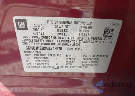 2016 Chevrolet Trax Lt from USA, damaged, VIN 3GNCJPSBXGL248570